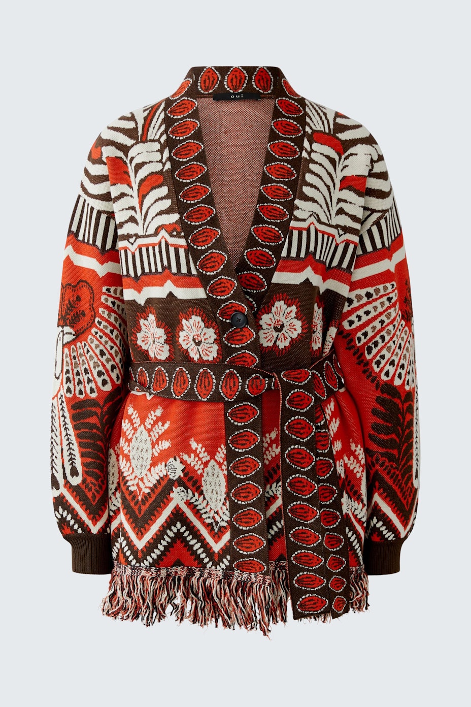 Bunte Damen-Strickjacke mit fröhlichem Muster und Fransen, ideal für lässige Outfits.