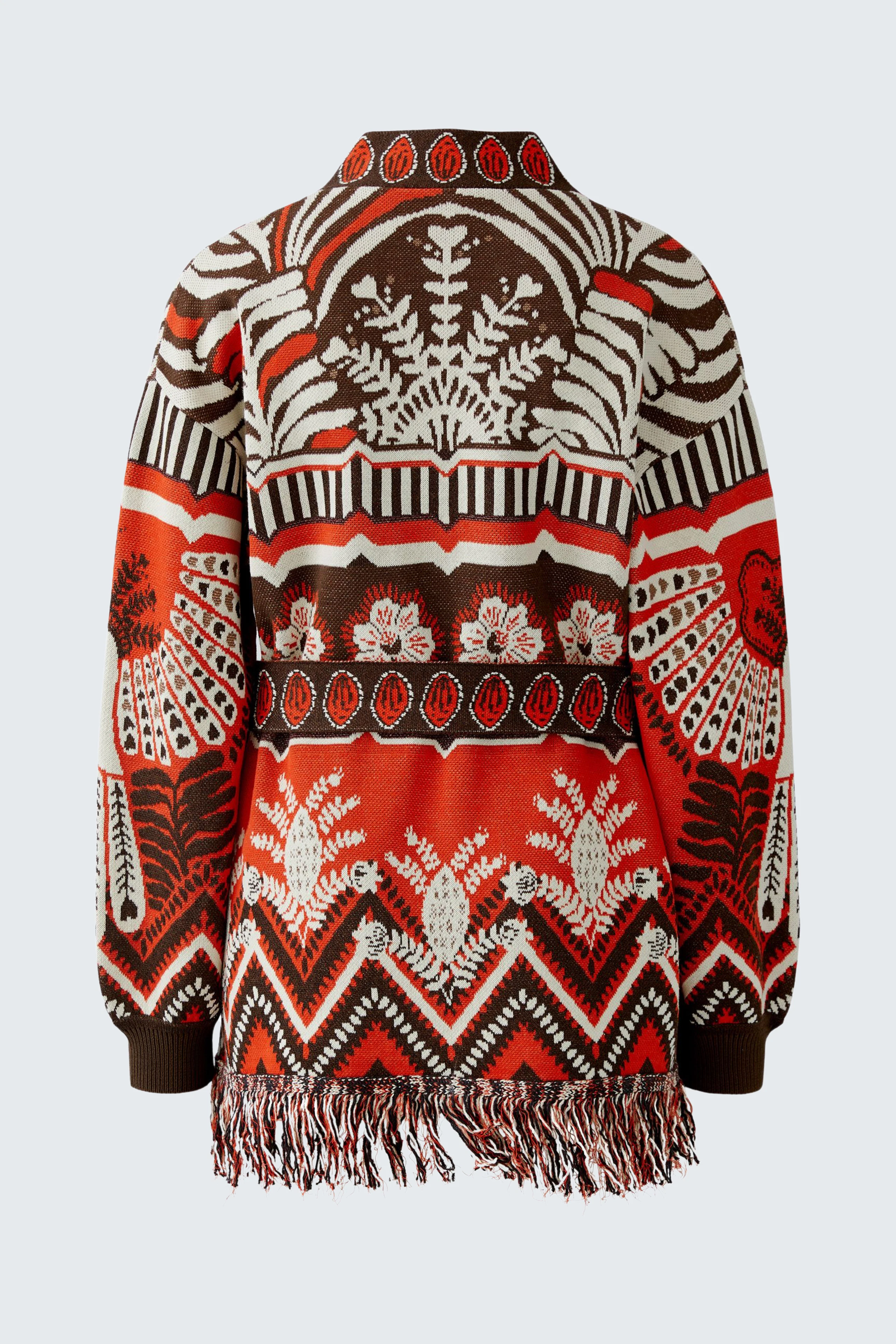 Colorful women's cardigan with a unique pattern and fringe details, perfect for casual wear.