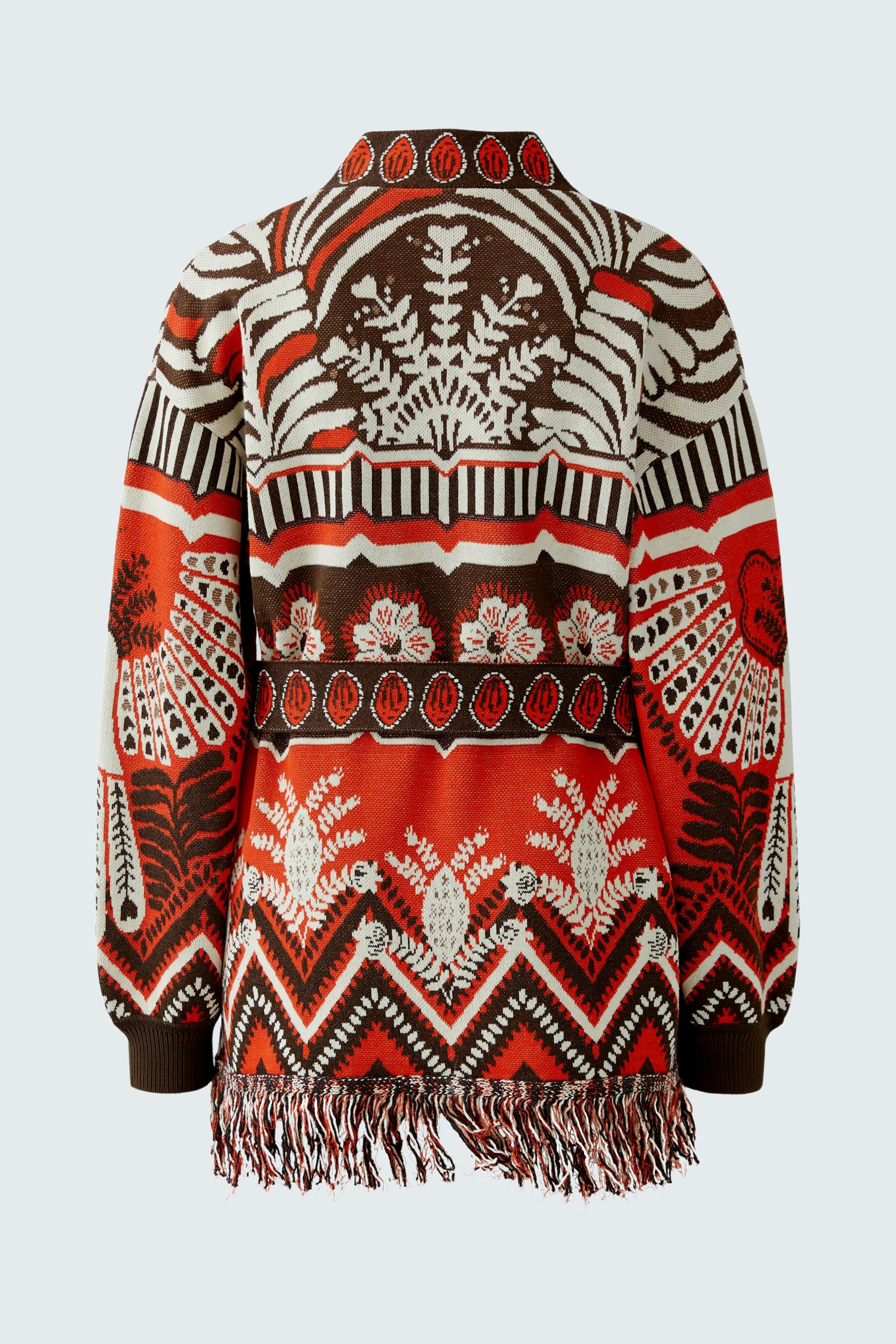 Bunte Damen-Strickjacke mit Fransen und auffälligem Muster, ideal für lässige Outfits.