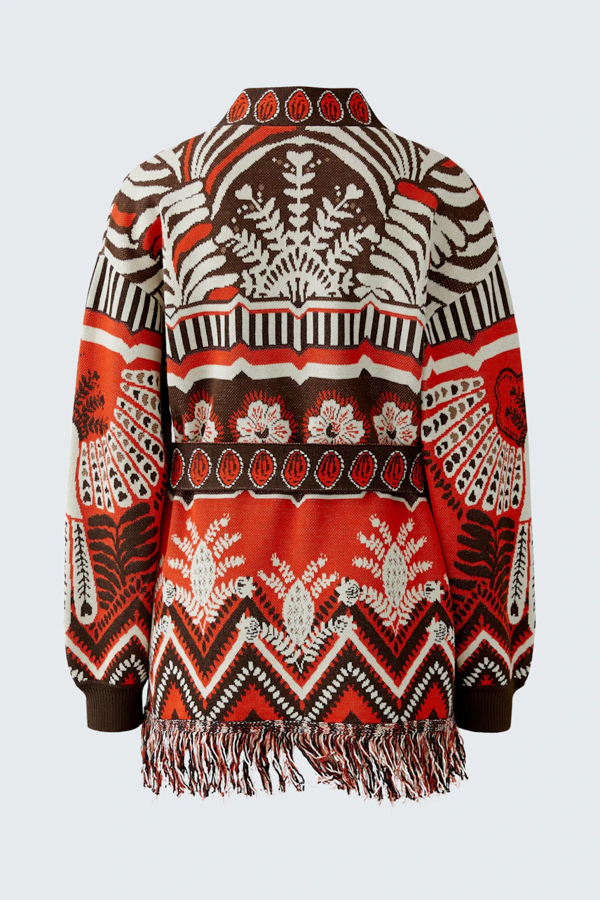 Colorful women's cardigan with a unique pattern and fringe details, perfect for casual wear.