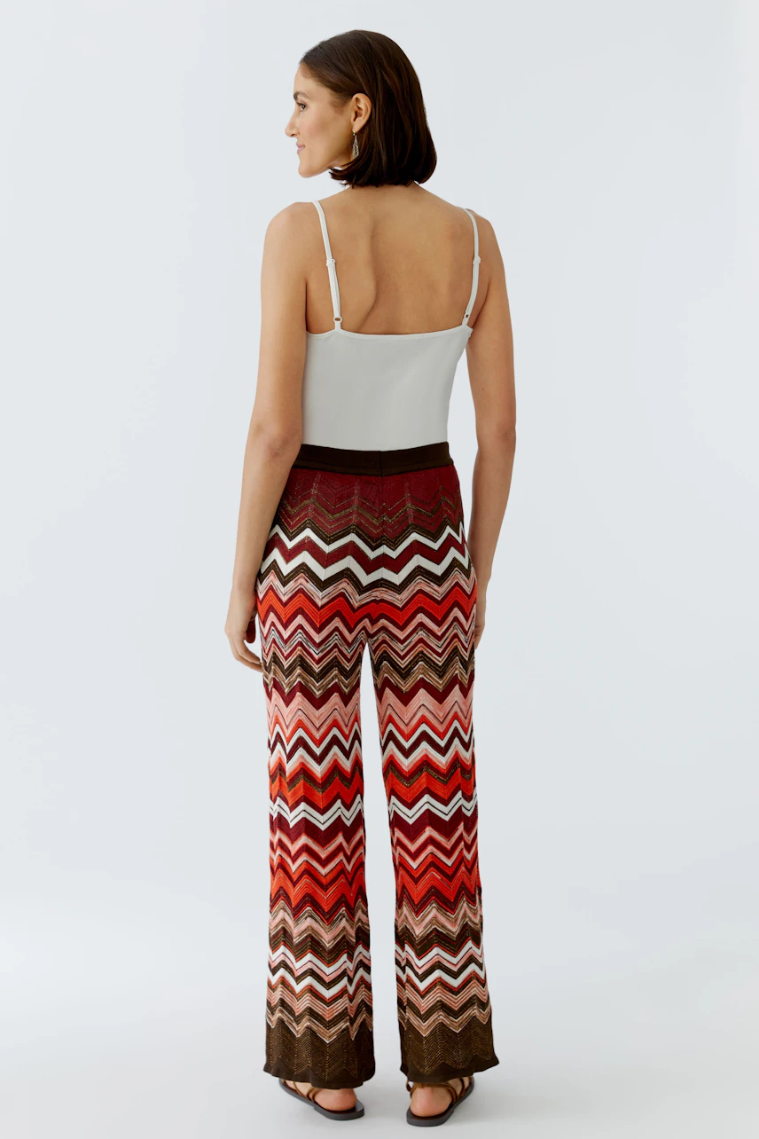Colorful women's knit pants with a zigzag pattern, featuring a comfortable fit and wide legs.