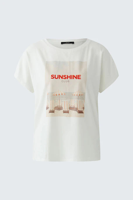 Bequemes Damen-T-Shirt in Weiß mit buntem Print. Ideal für lässige Outfits im Alltag.