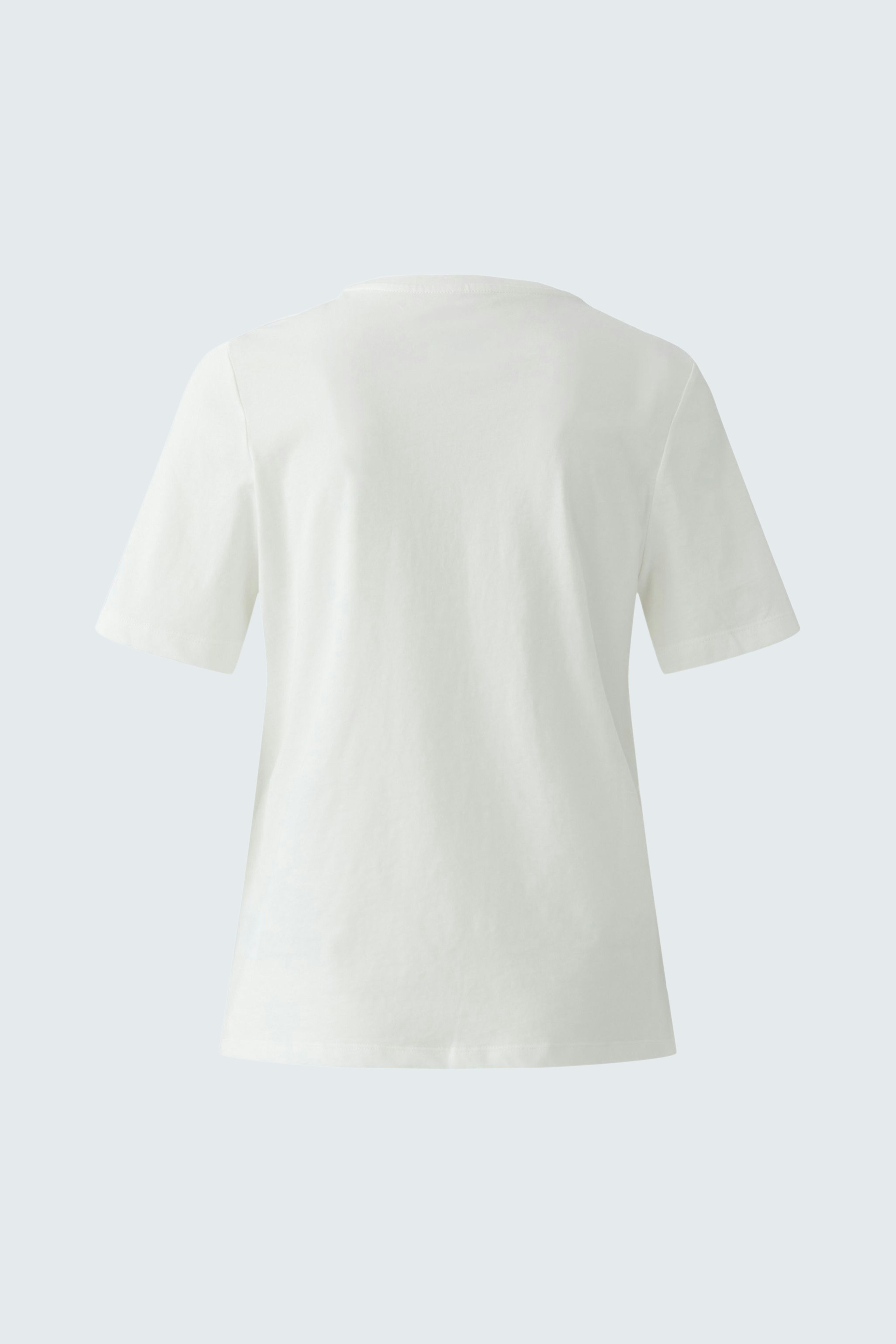 Bequemes Damen-T-Shirt: Rückansicht eines weißen T-Shirts mit kurzen Ärmeln.