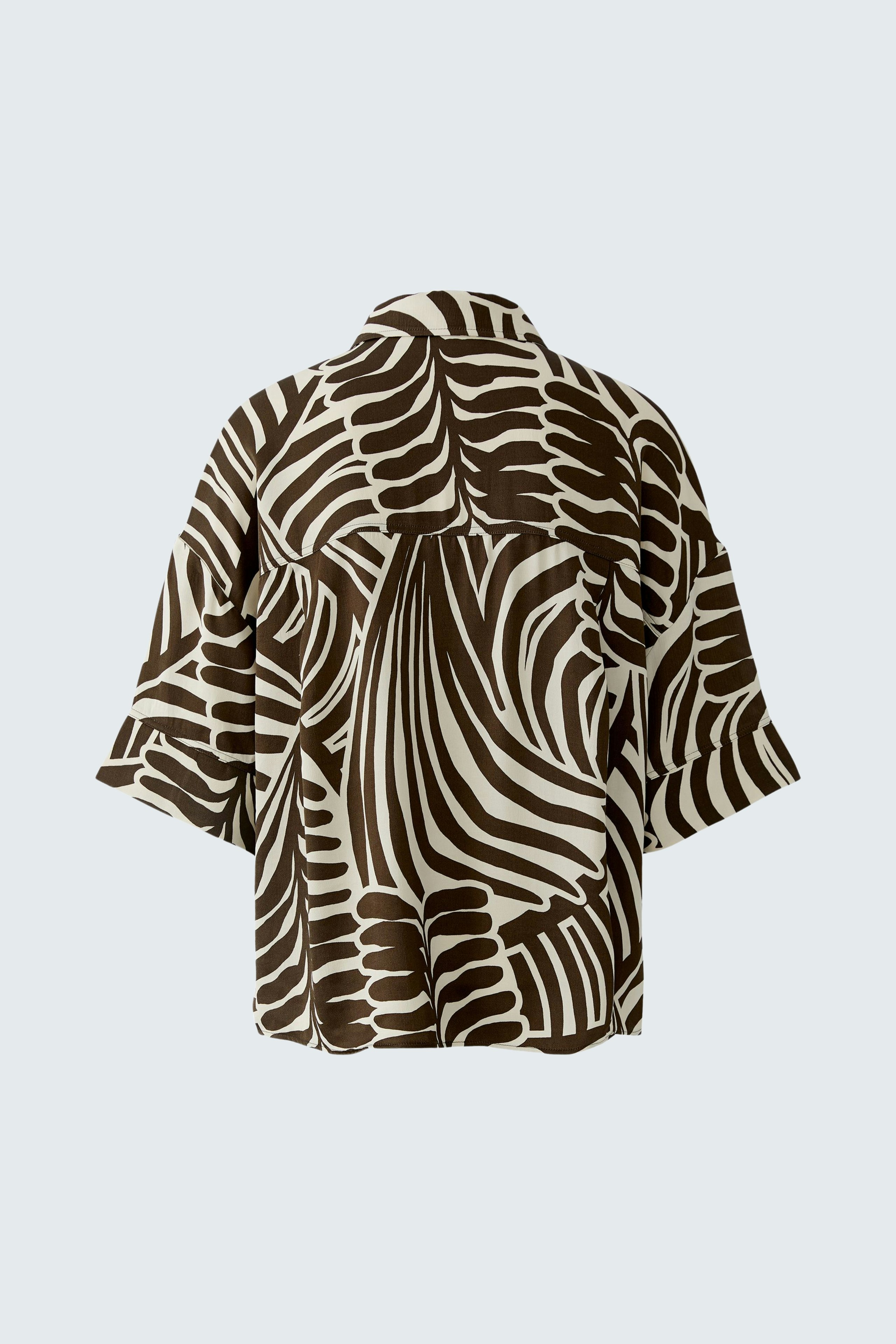 Lässige Damen-Bluse mit auffälligem Muster in Braun und Beige, hinten mit lockerer Passform.