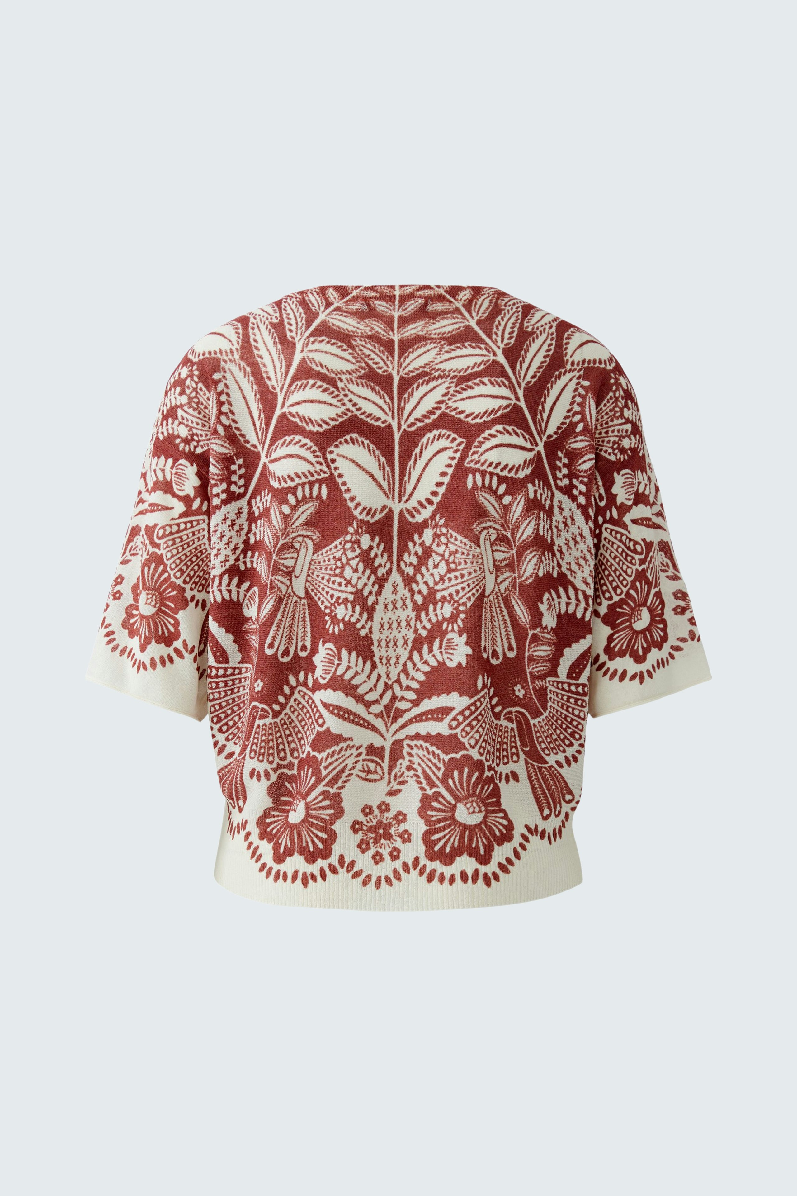 Damen-Pullover: Rückansicht eines roten, floral gemusterten Pullovers mit weitem Schnitt.