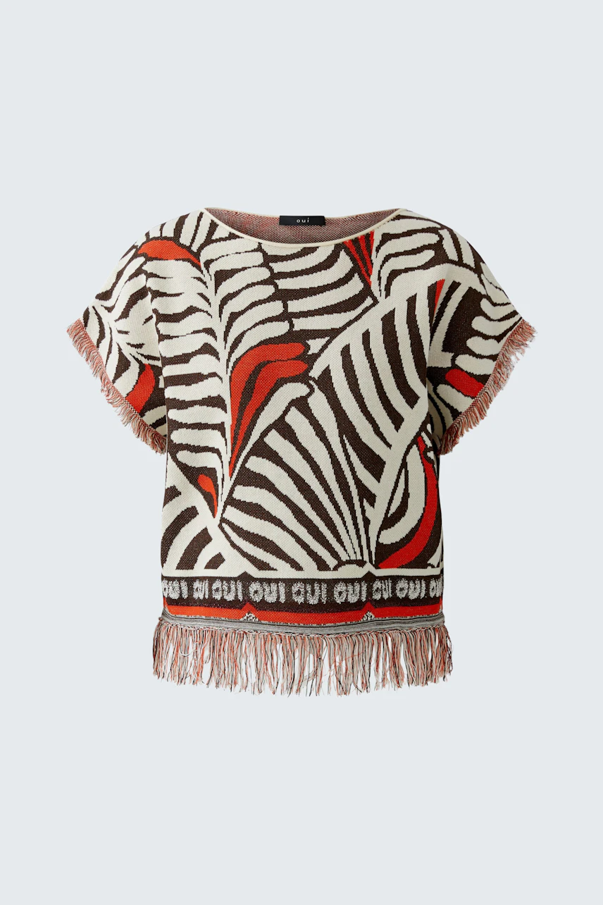 Damen-Pullover mit auffälligem Zebra-Muster und Fransen, lässig und modern.