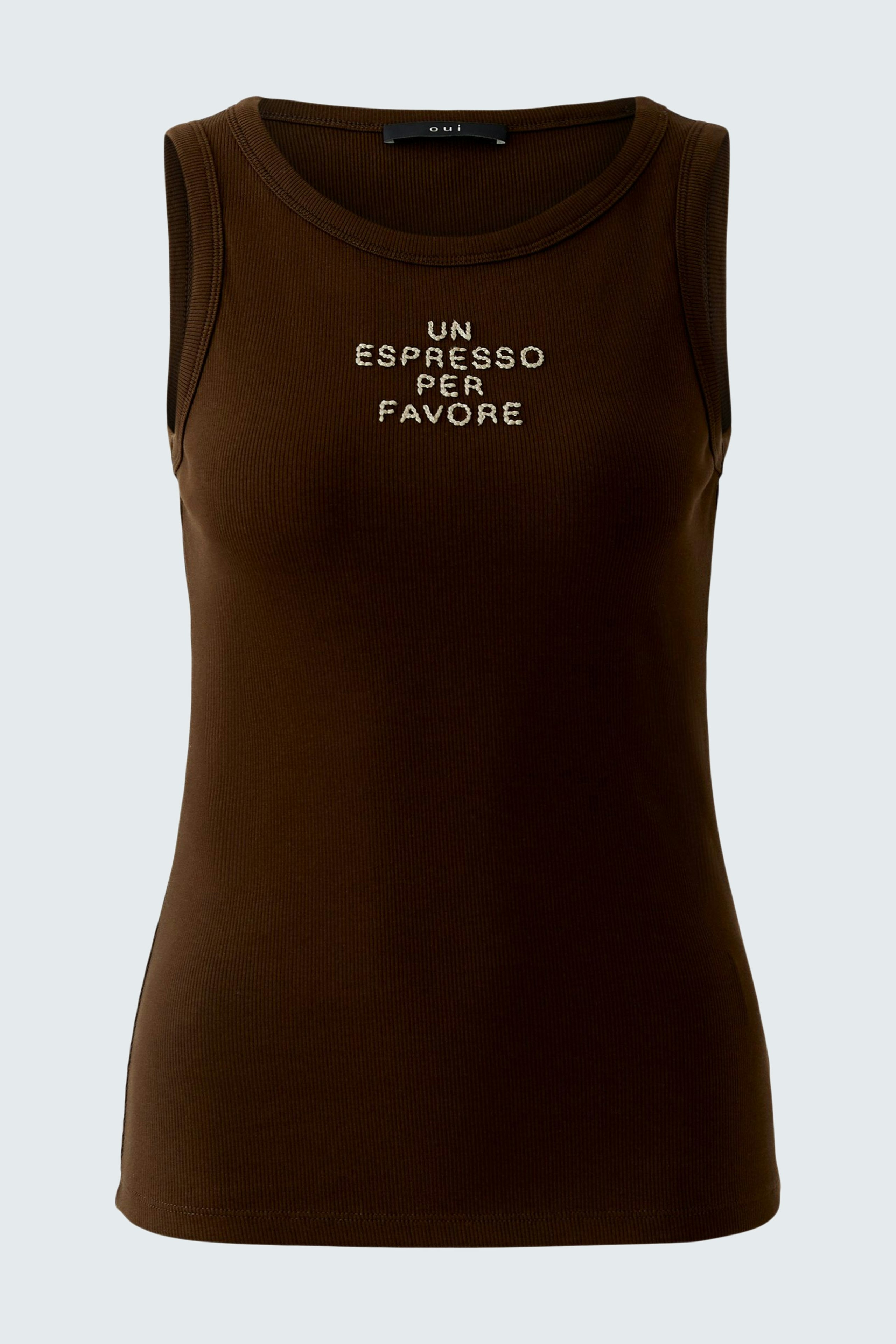 Braunes Damen-Tank Top mit Schriftzug "UN ESPRESSO PER FAVORE".