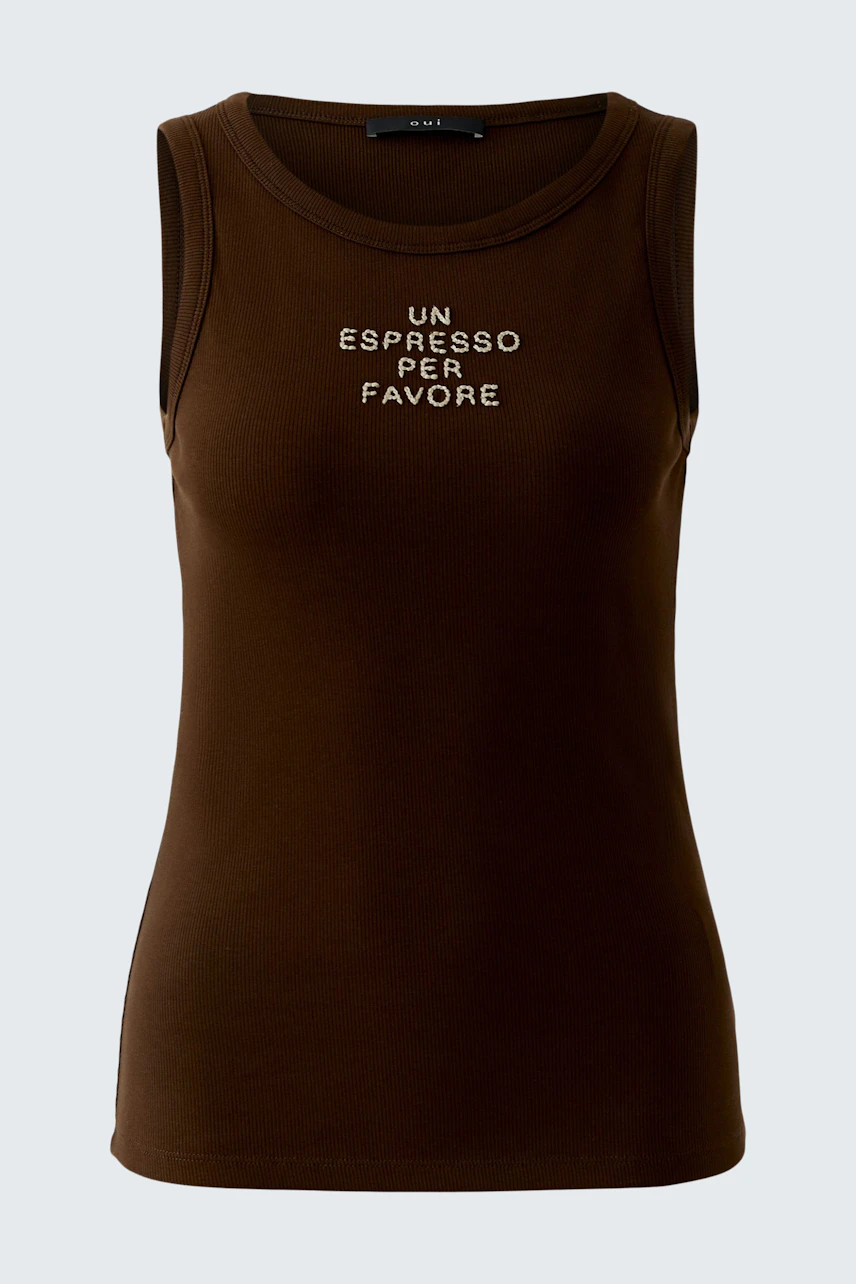 Casual women's tank top in brown with a printed slogan, perfect for everyday wear.