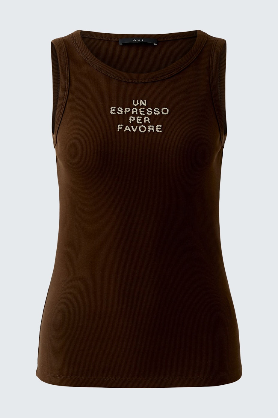 Braunes Damen-Tank Top mit Schriftzug "UN ESPRESSO PER FAVORE".
