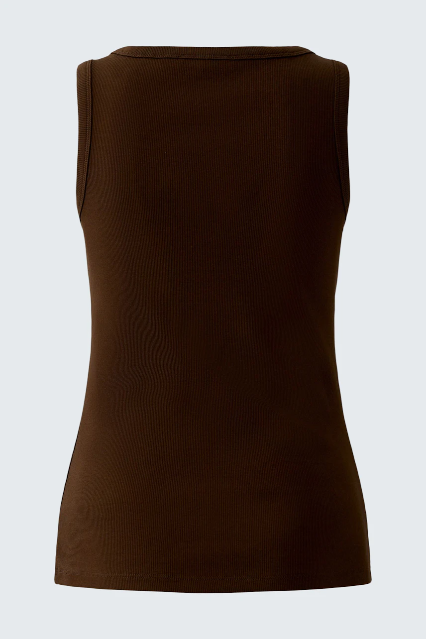 Casual women's tank top in brown, featuring a simple design and sleeveless cut.