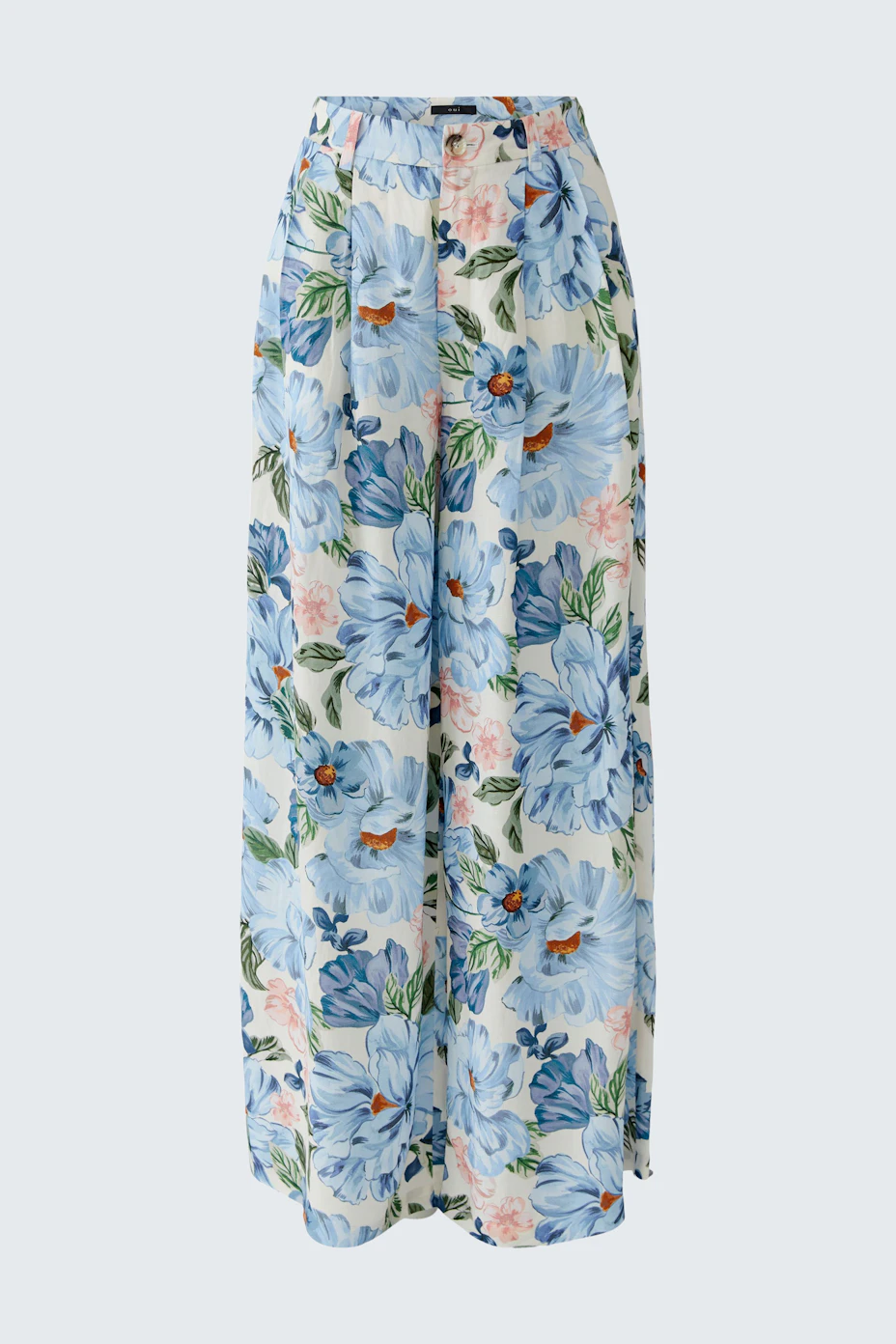 Bequeme Marlenehose mit floralem Muster in Blau und Rosa, ideal für den Alltag.