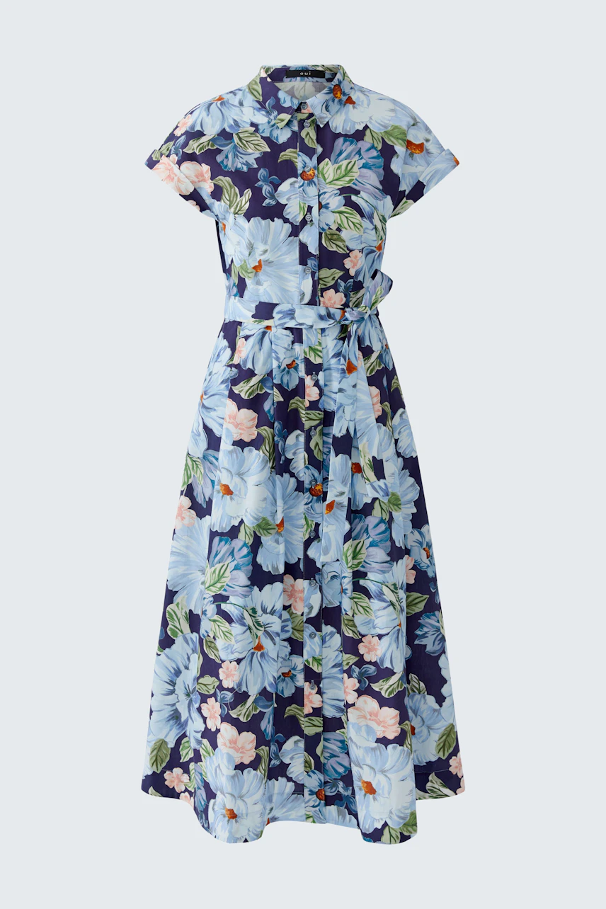 Floral mididress with short sleeves and a belted waist, featuring a vibrant blue and floral pattern.