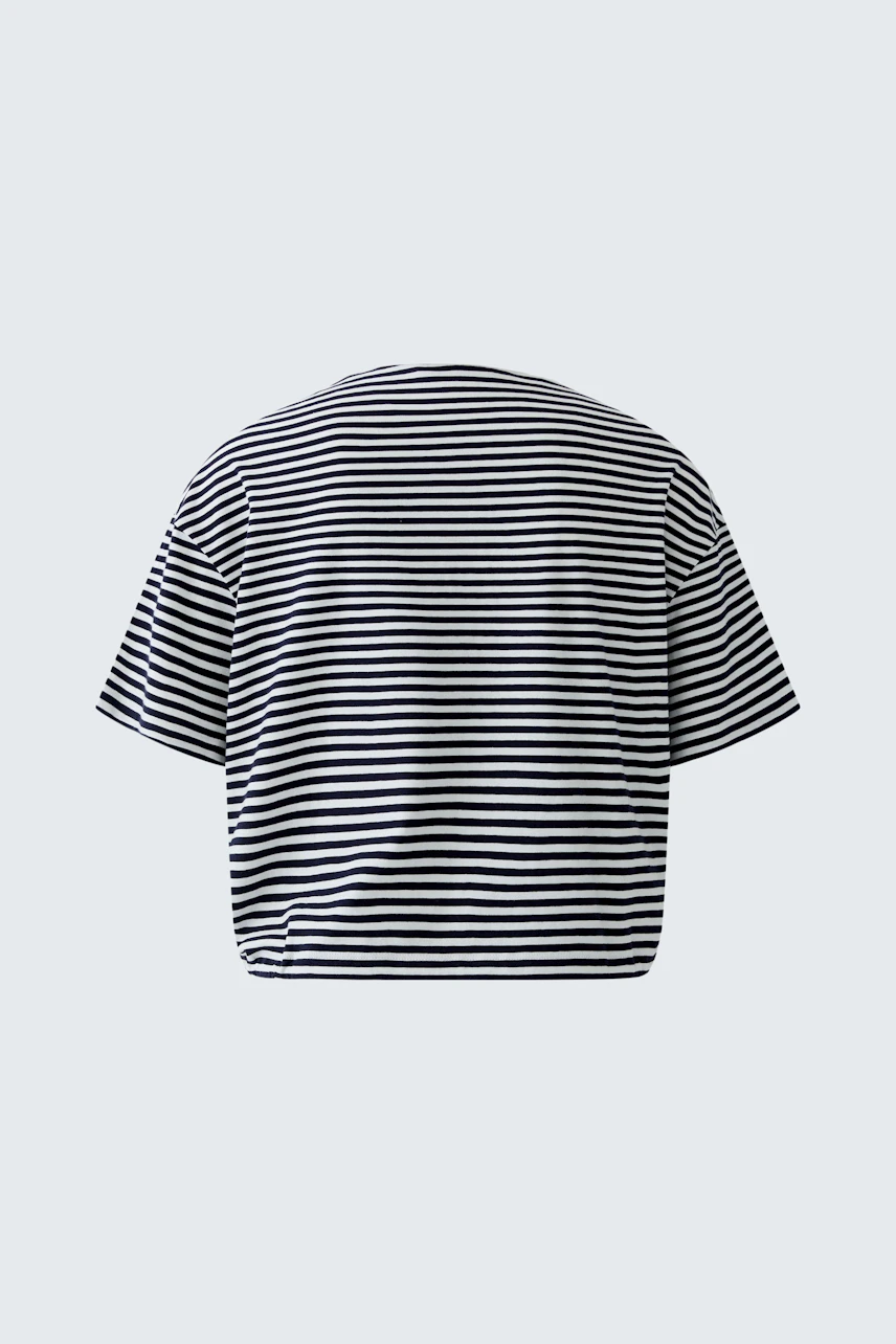 Striped women's polo shirt: Black and white stripes, short sleeves, casual fit, no model visible.