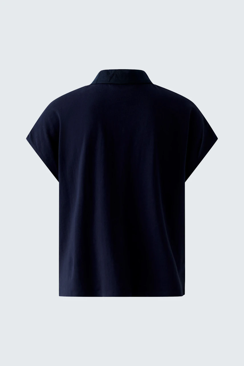 Casual women's blouse: Navy blue blouse with short sleeves and a classic collar, shown without a model.