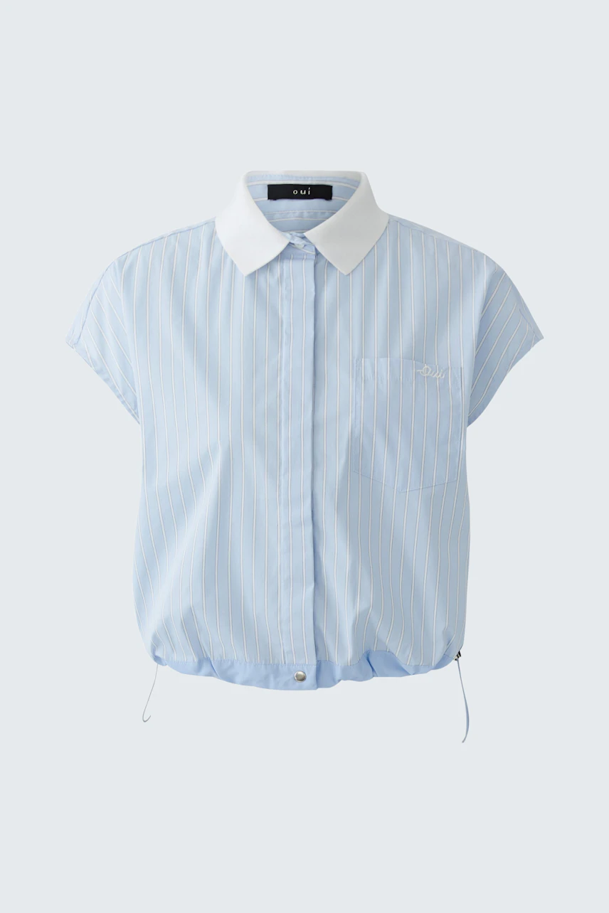 Casual women's blouse: Light blue short-sleeve shirt with a white collar and drawstring hem.