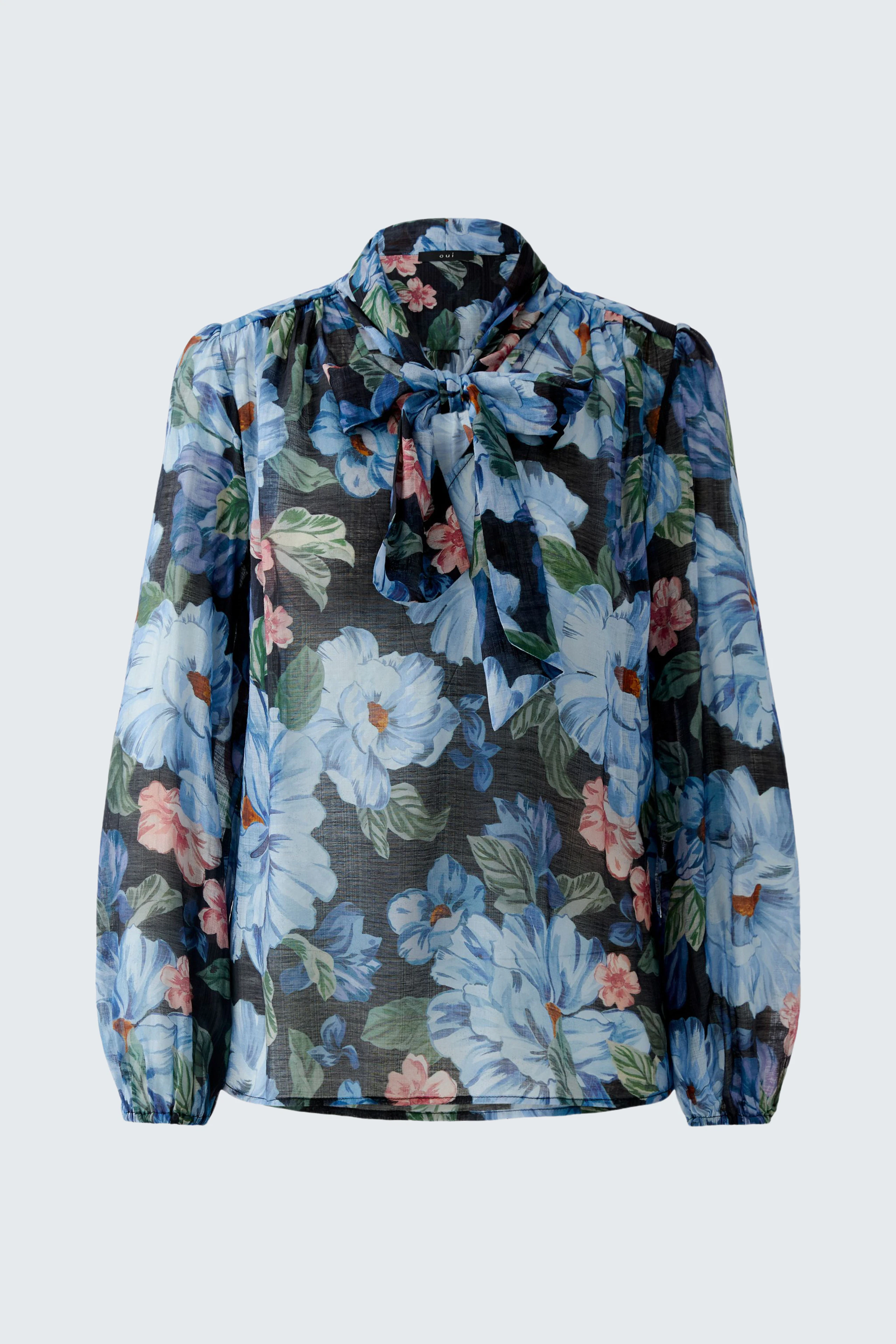 Bluse mit floralem Muster: Damenbluse mit langen Ärmeln und Stehkragen in bunten Farben.