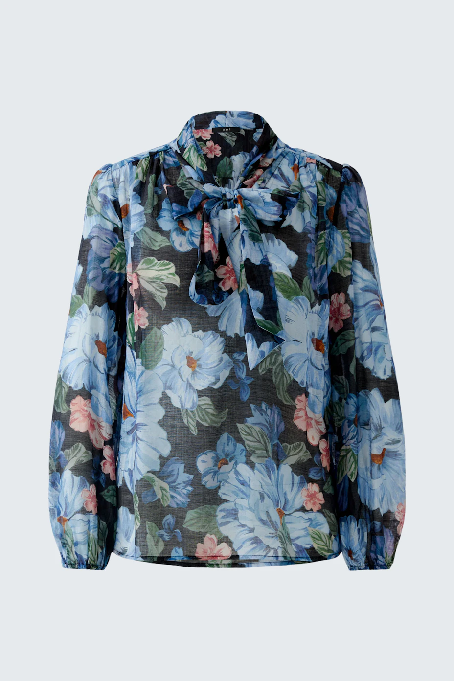 Bluse mit floralem Muster: Damenbluse mit langen Ärmeln und Stehkragen in bunten Farben.