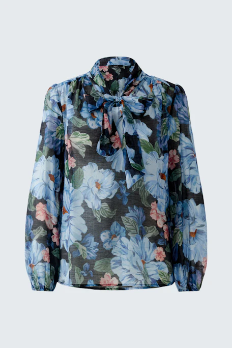 Bluse mit floralem Muster: Damenbluse mit langen Ärmeln und Stehkragen in bunten Farben.