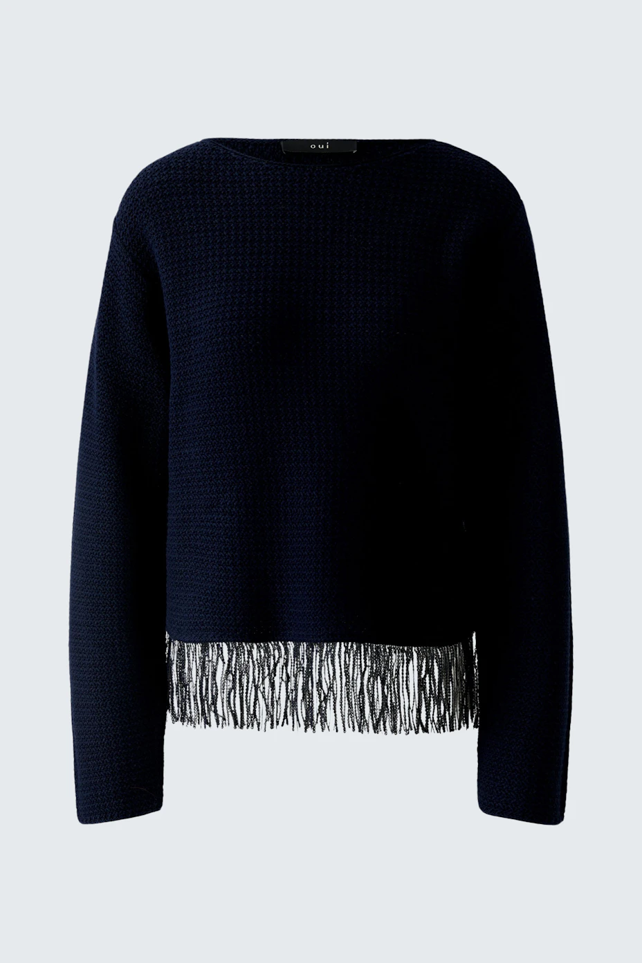 Damen-Pullover in Dunkelblau mit fransigem Saum, lässig und modern.