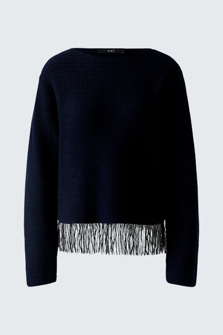 Damen-Pullover in Dunkelblau mit fransigem Saum, lässig und modern.