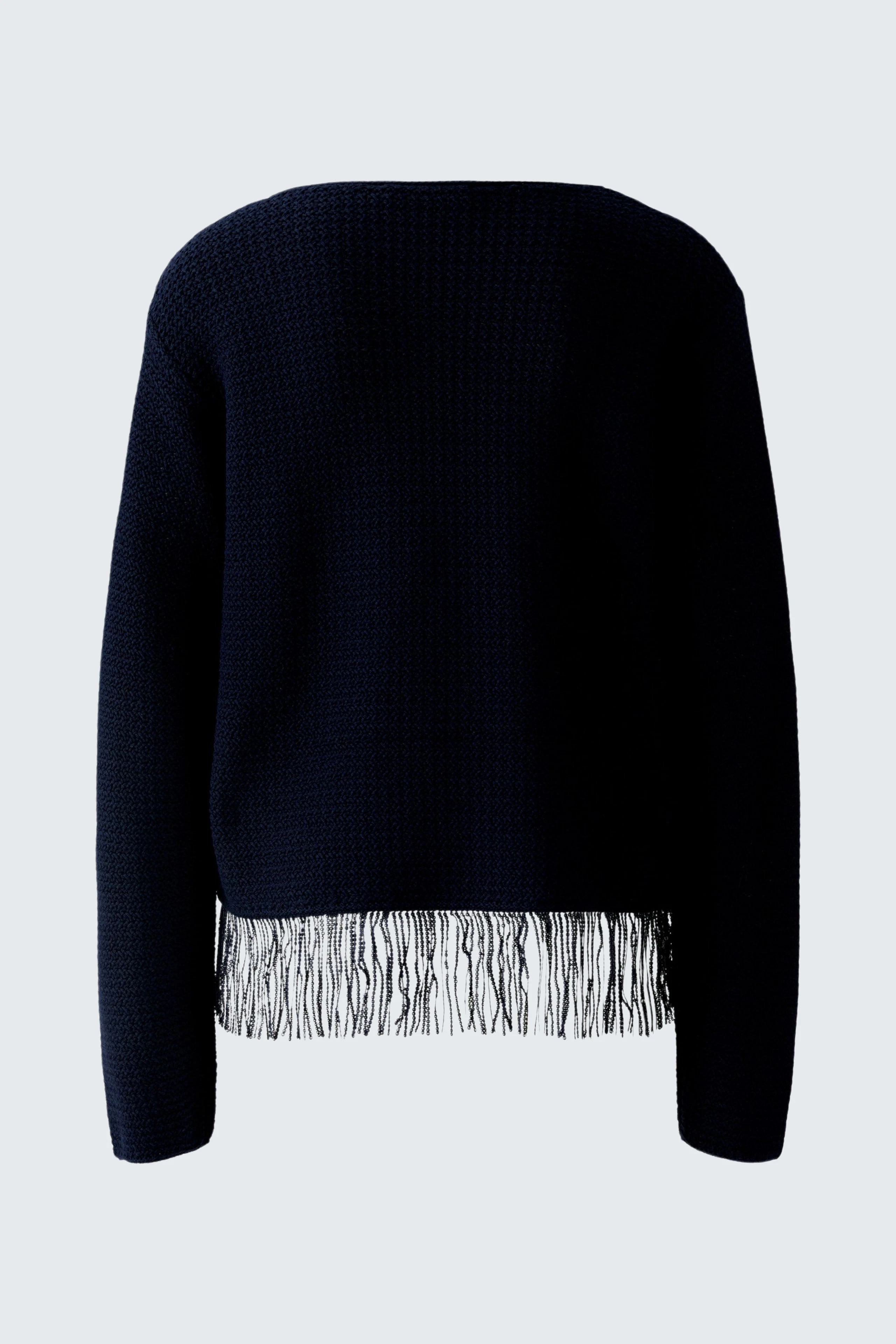 Casual women's pullover: Navy knit pullover with fringe hem, perfect for a relaxed, stylish look.