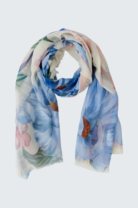 Lightweight floral scarf in blue and pink tones, perfect for adding a pop of color to any outfit.