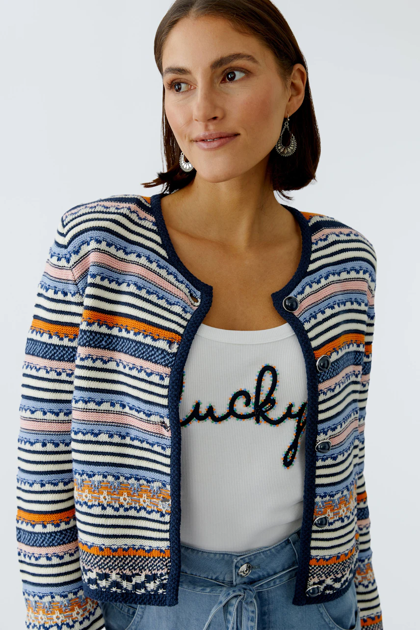 Colorful women's cardigan with a striped pattern, featuring a round neckline and button closure.