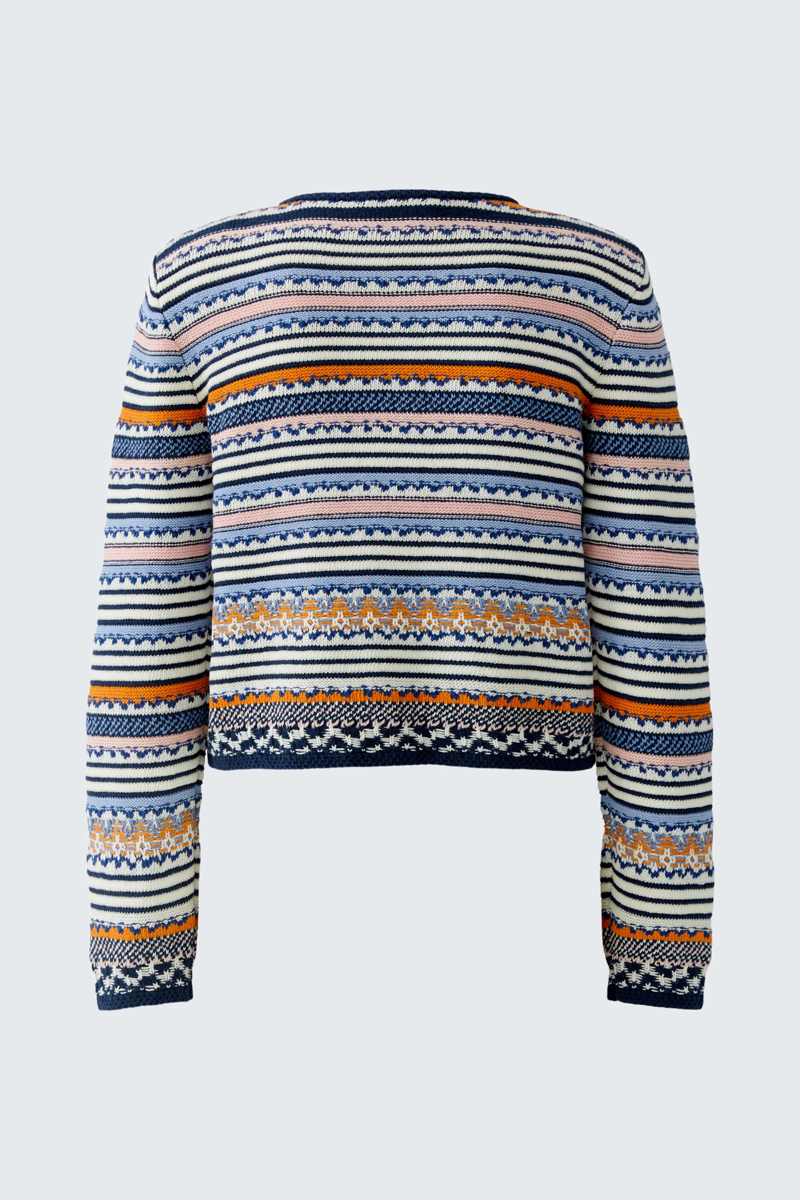 Colorful women's cardigan with vibrant stripes and patterns, perfect for a casual and cozy look.