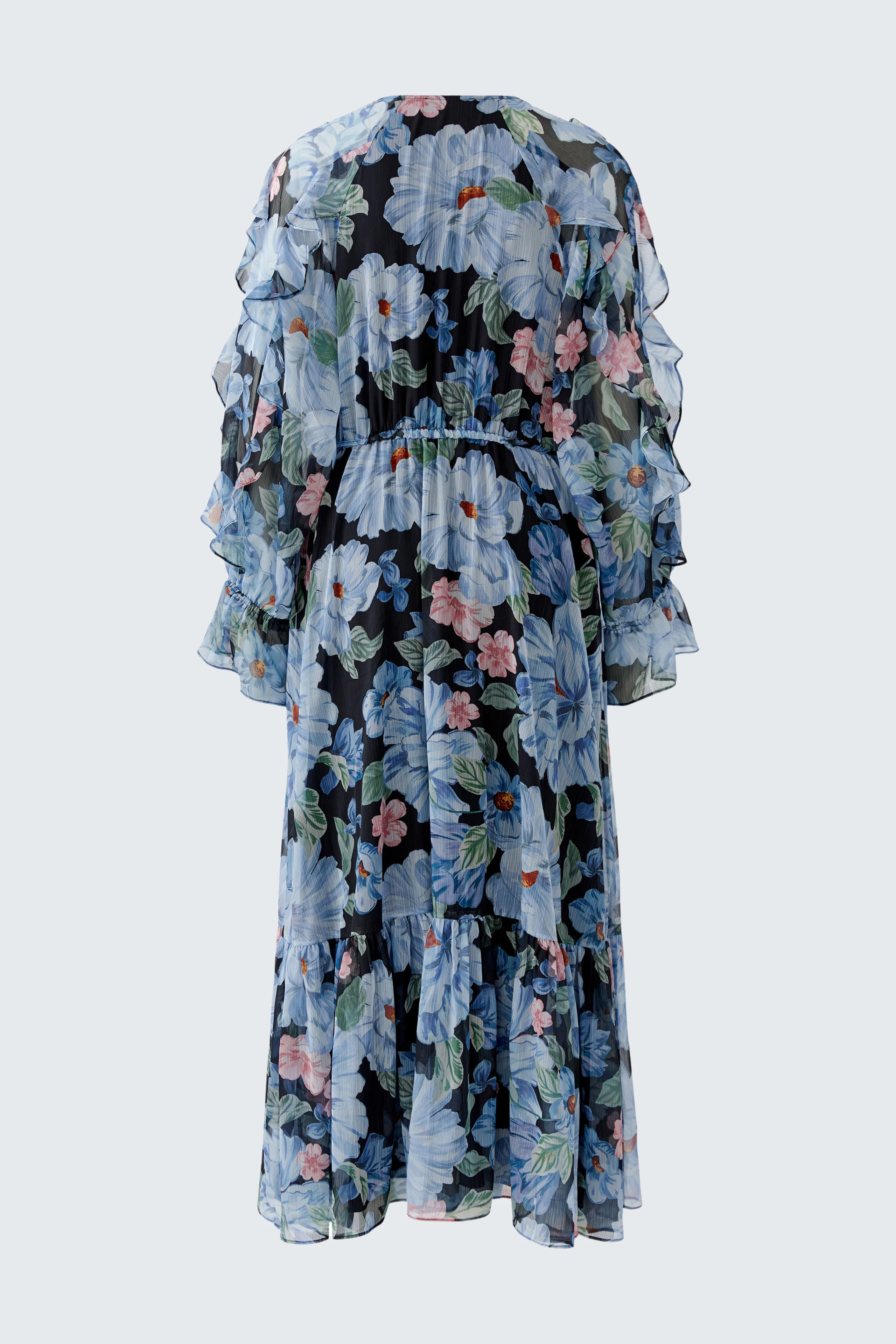 Floral maxi dress with ruffled sleeves, vibrant blue and pink flowers on a dark background.