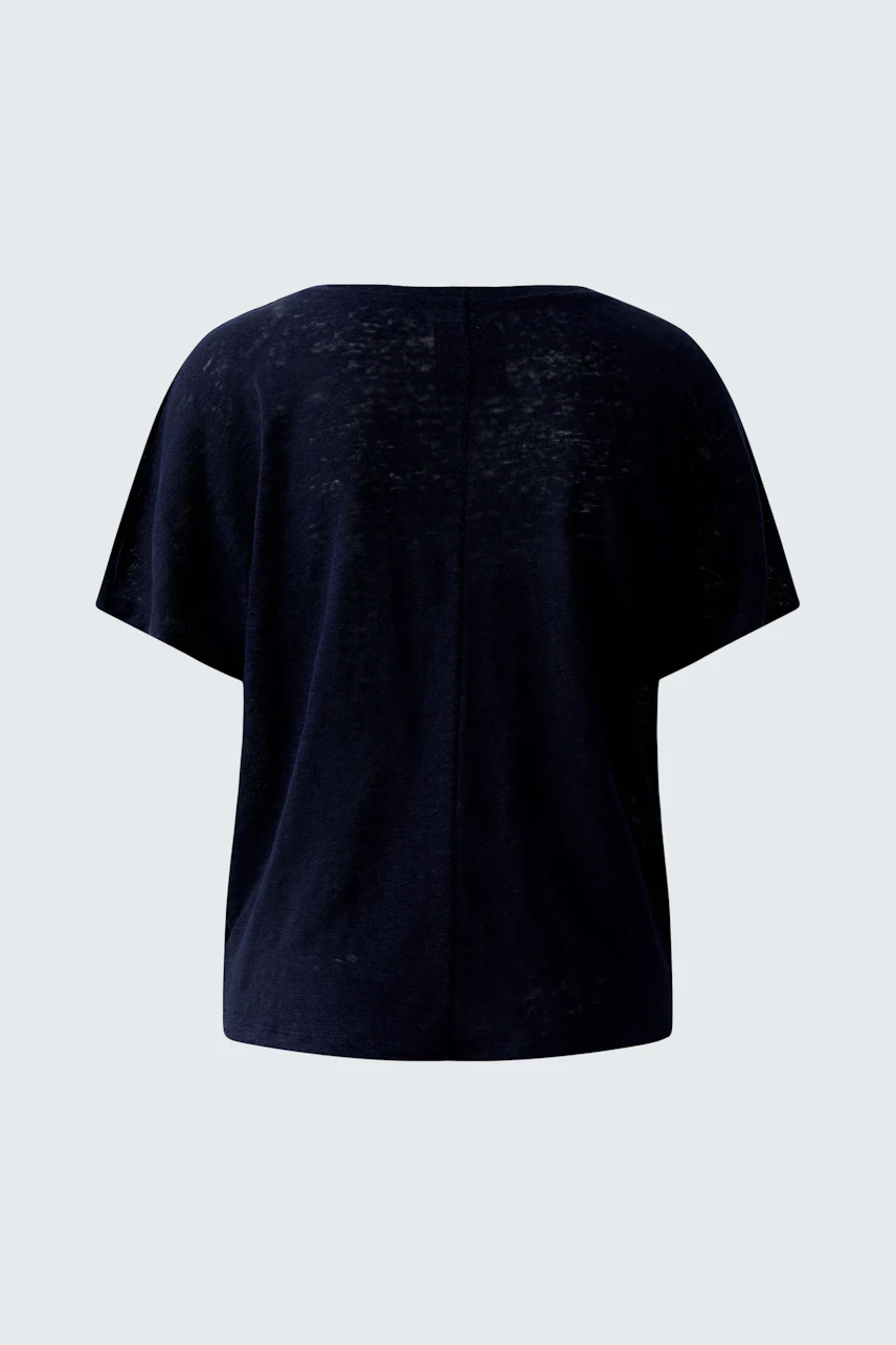 Schlichtes Damen-T-Shirt: Schwarzes T-Shirt ohne Aufdruck, Rückansicht, lässiger Schnitt.