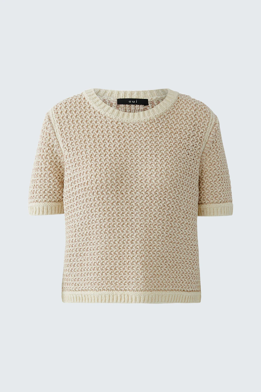 Casual women's pullover in light beige with short sleeves and textured knit design.