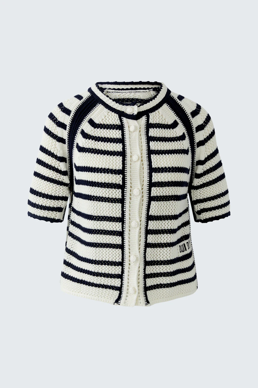 Casual women's cardigan: A striped knit cardigan in navy and white with a button closure.