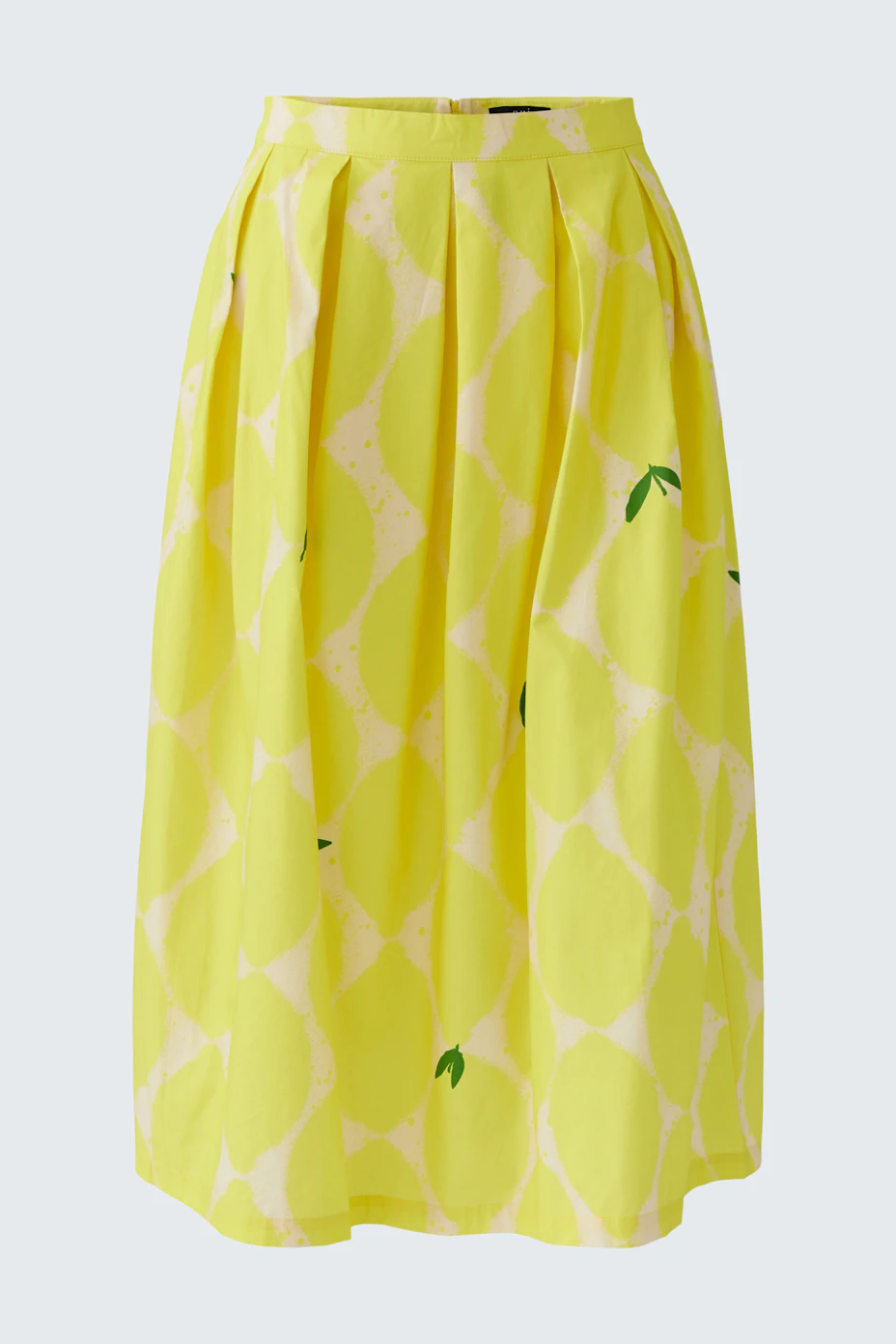 Bright yellow pleated skirt with geometric pattern, perfect for a vibrant and stylish look.