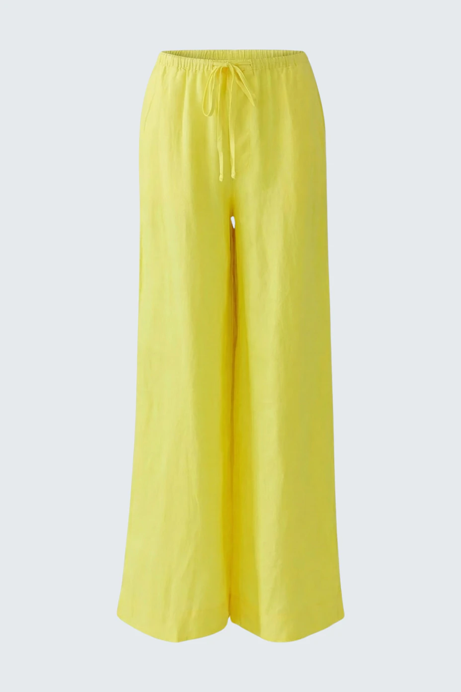 Bright yellow Marlene pants with wide legs and drawstring waist, perfect for a casual look.