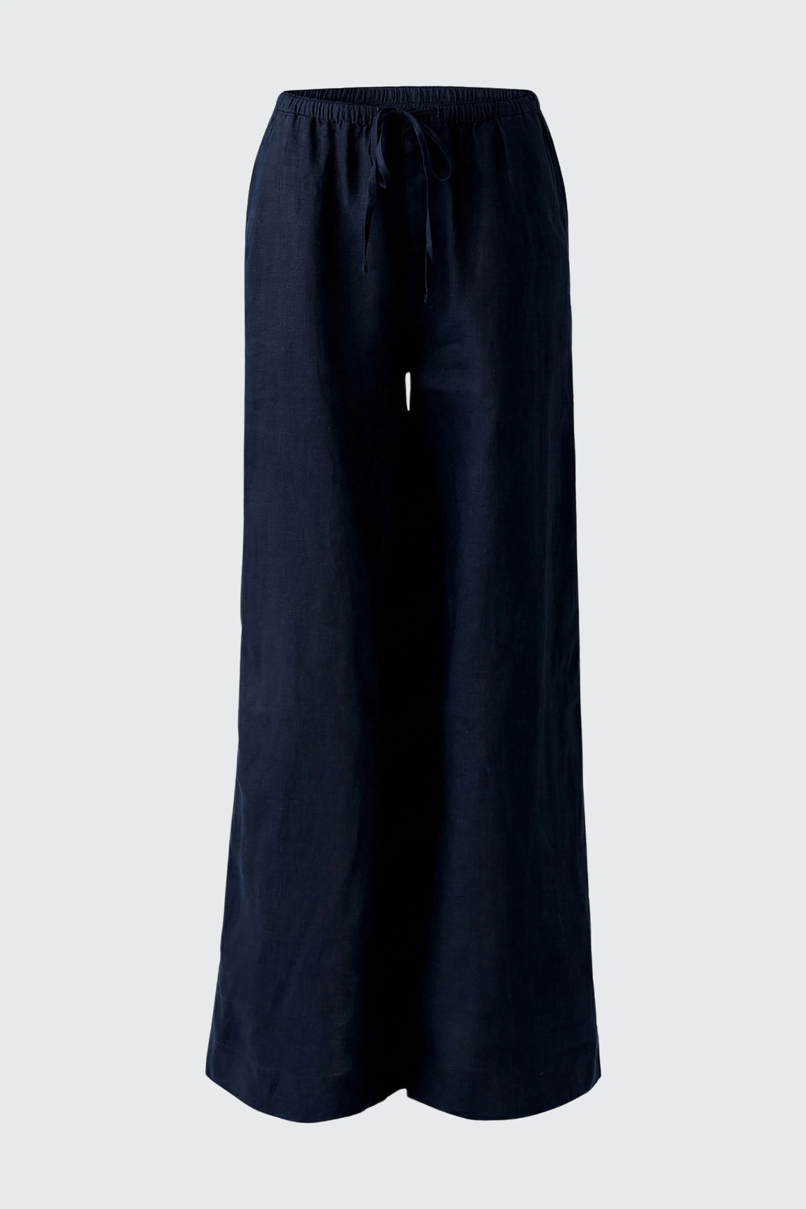 Lässige Marlenehose in Dunkelblau, ohne Model, mit weitem Bein und Kordelzug für bequemen Sitz.