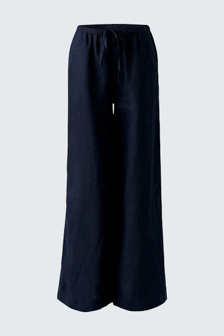 Lässige Marlenehose in Dunkelblau, ohne Model, mit weitem Bein und Kordelzug für bequemen Sitz.