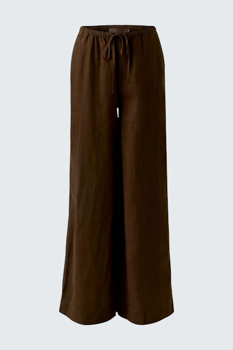 Casual Marlene pants in brown, wide-leg fit with drawstring waist, perfect for relaxed style.