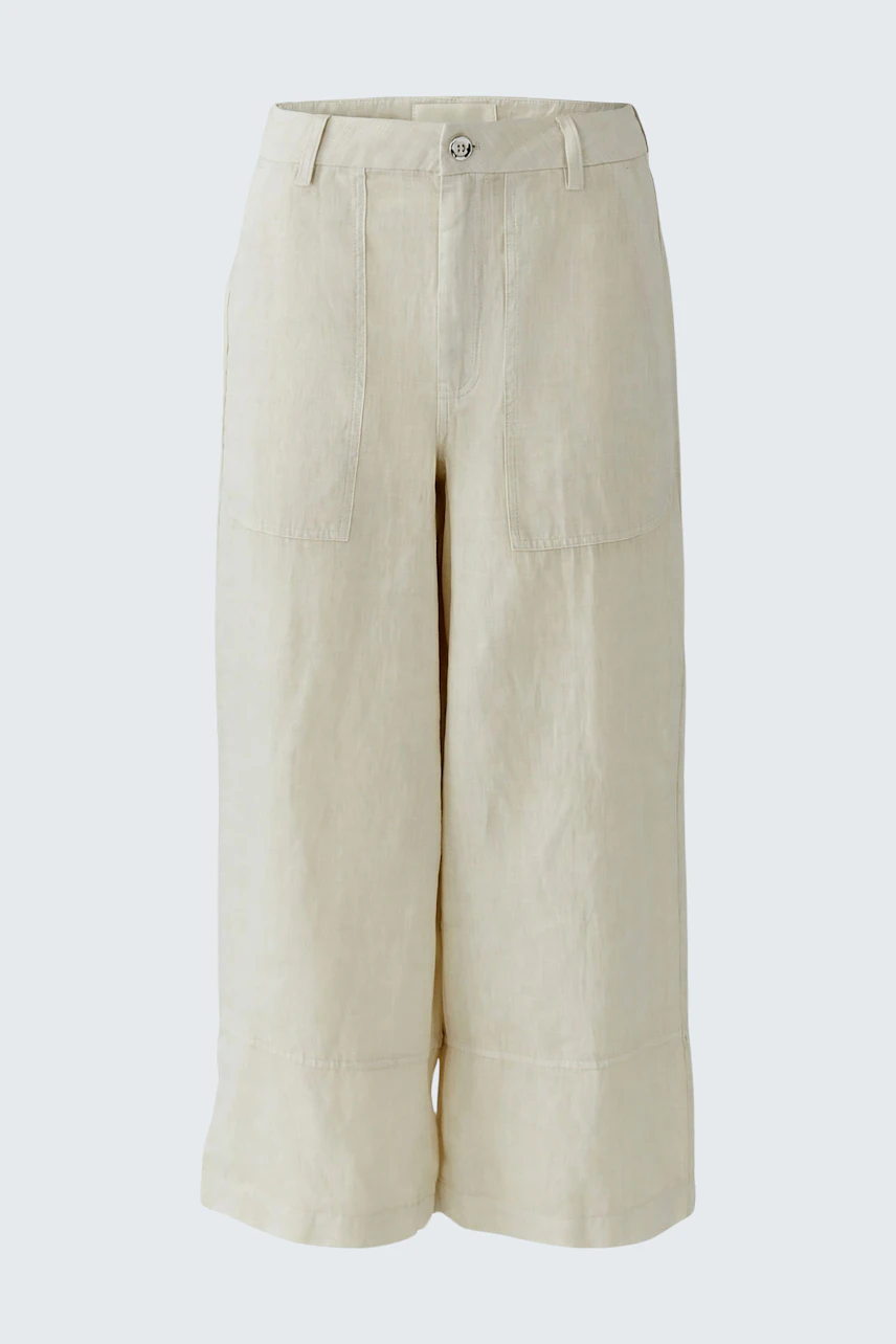 Weite Damen-Hose: Beige Leinenhose mit weitem Bein und hohem Bund, ideal für lässige Sommerlooks.