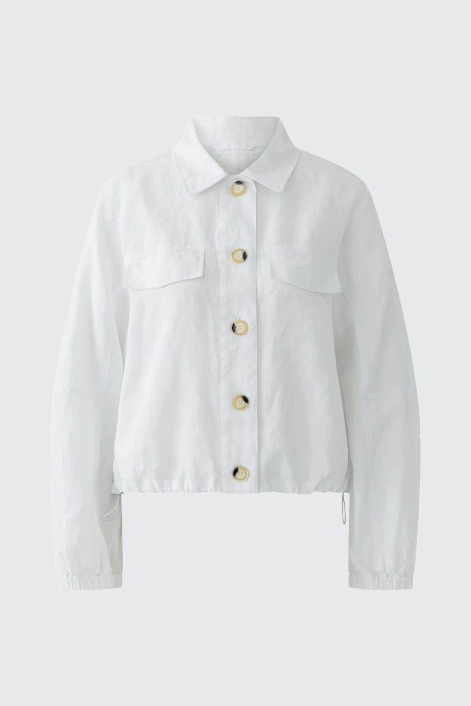 Casual women's blouson: White blouson with button closure and drawstring hem, perfect for layering.