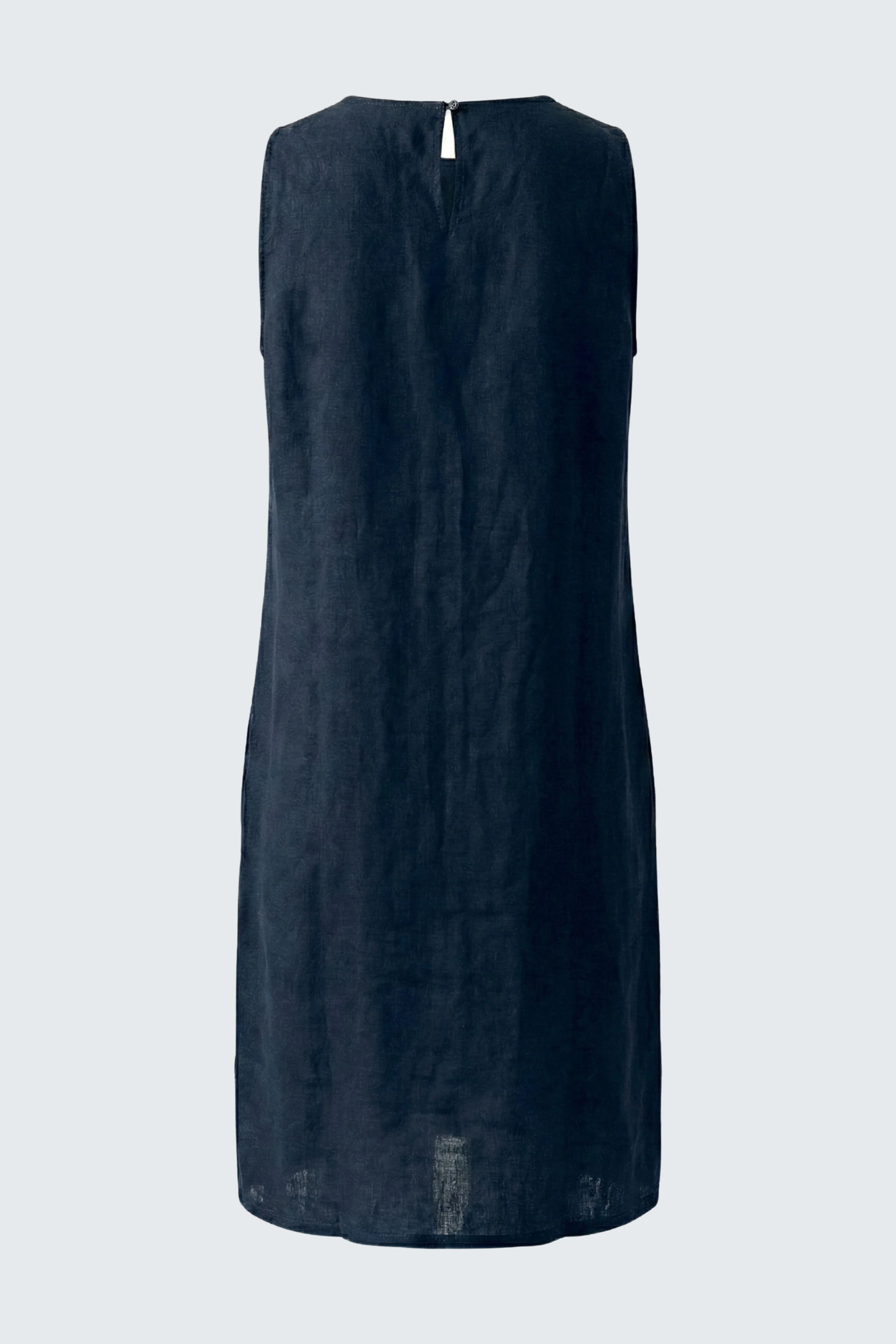 Navy A-line dress: Sleeveless, lightweight fabric, perfect for casual outings. Simple and versatile design.