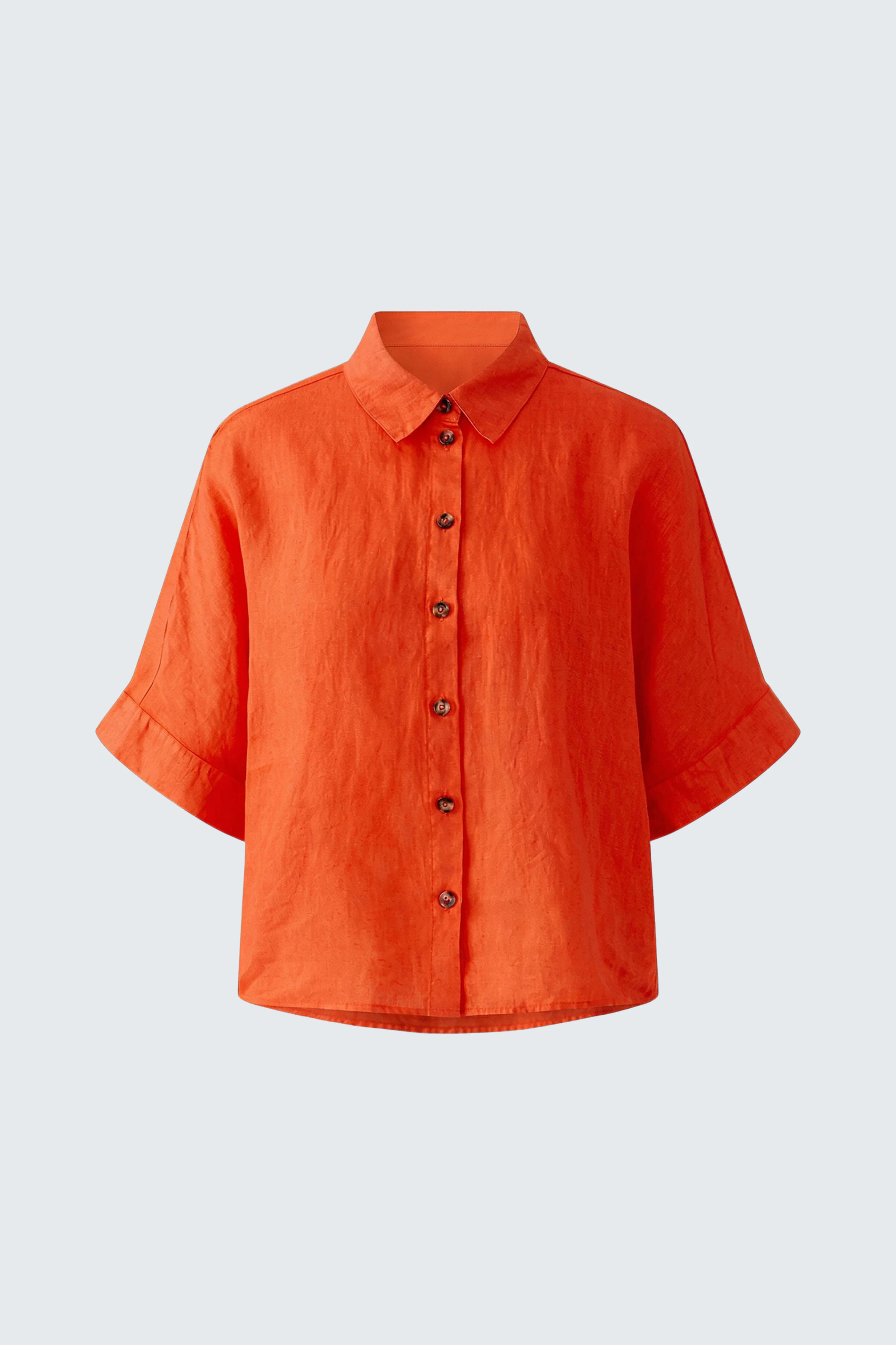 Leuchtend orangefarbene Bluse mit kurzen Ärmeln und Knopfleiste, ideal für einen frischen Look.