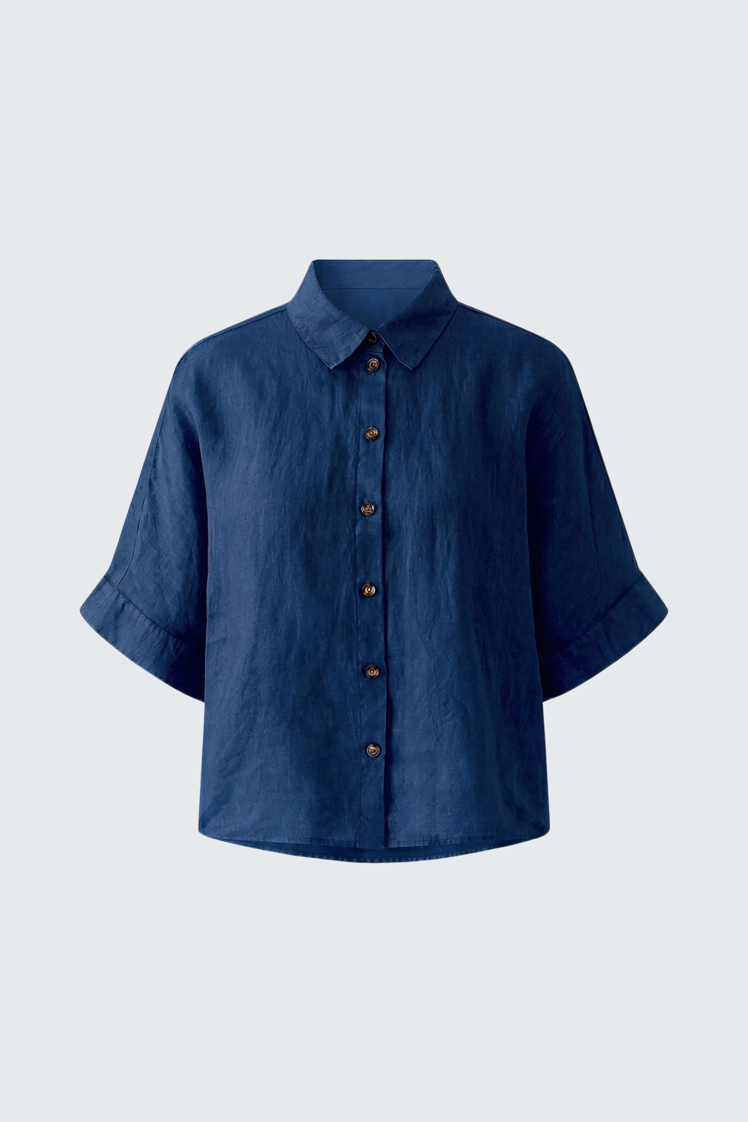 Dunkelblaue Bluse aus Leinen mit kurzen Ärmeln und Knopfleiste, ohne Model präsentiert.