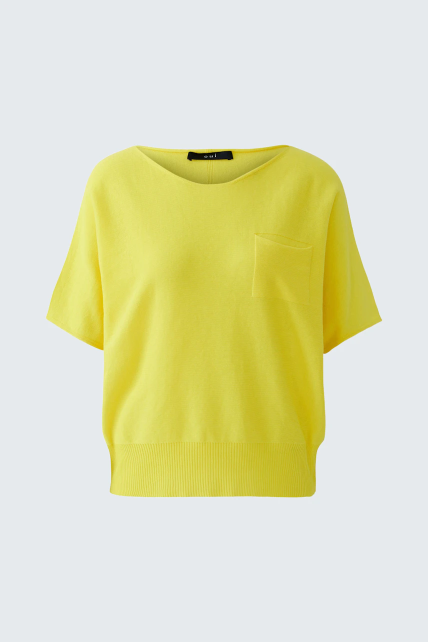Bright yellow pullover with short sleeves and a chest pocket, displayed on a plain background.