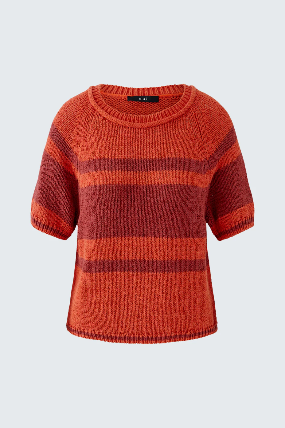 Casual women's pullover: Red and orange striped knit pullover with short sleeves, no model shown.