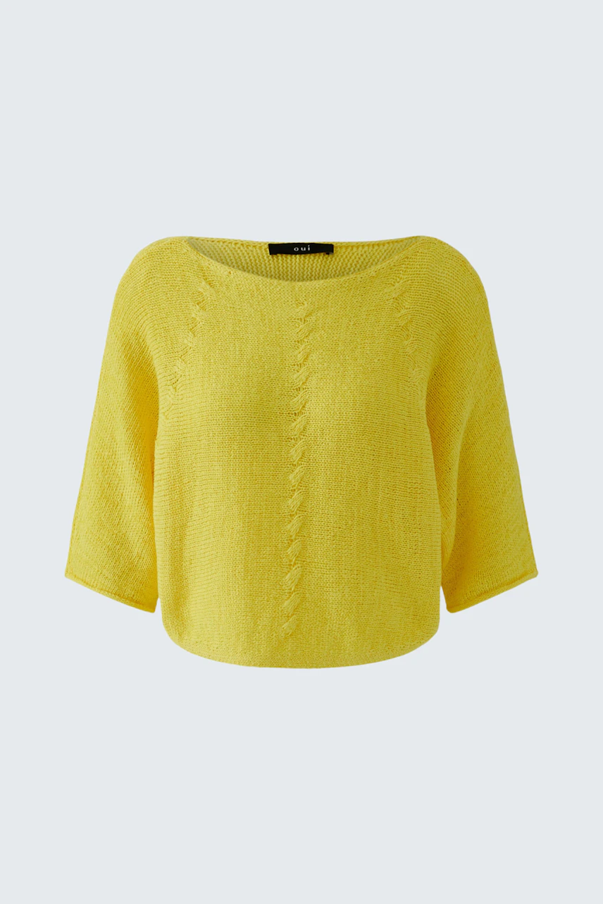 Gelber Damen-Pullover: Lockerer Strickpullover mit Zopfmuster, ideal für einen lässigen Look.