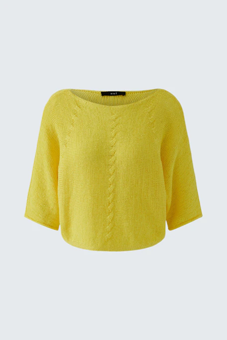 Gelber Damen-Pullover: Lockerer Strickpullover mit Zopfmuster, ideal für einen lässigen Look.