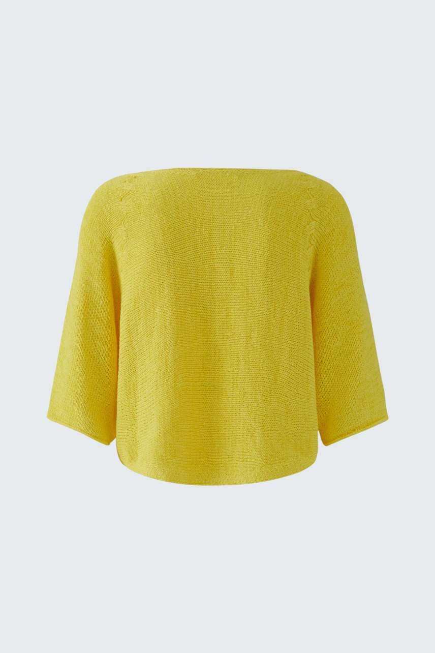 Bright yellow pullover: Simple, loose fit with wide sleeves, perfect for a casual look.