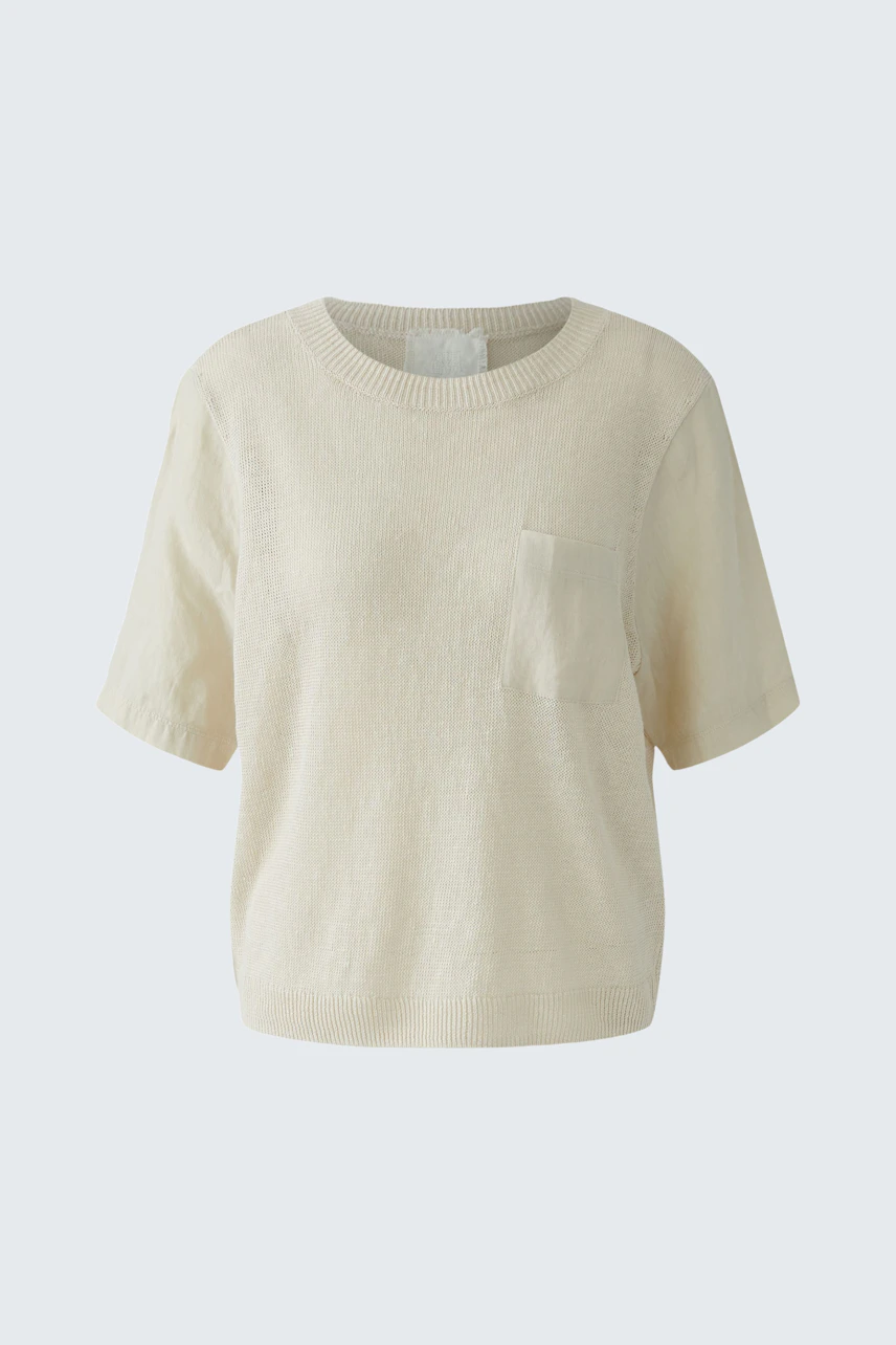 Beiger Damen-Pullover: Kurzarm-Strickpullover mit Rundhalsausschnitt und Brusttasche, schlicht und vielseitig.