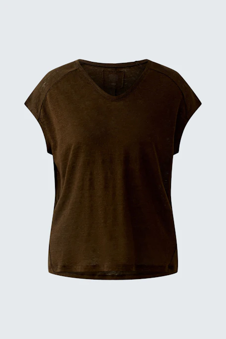 Braunes Damen-T-Shirt: Schlichtes Design mit kurzen Ärmeln und V-Ausschnitt, ideal für den Alltag.