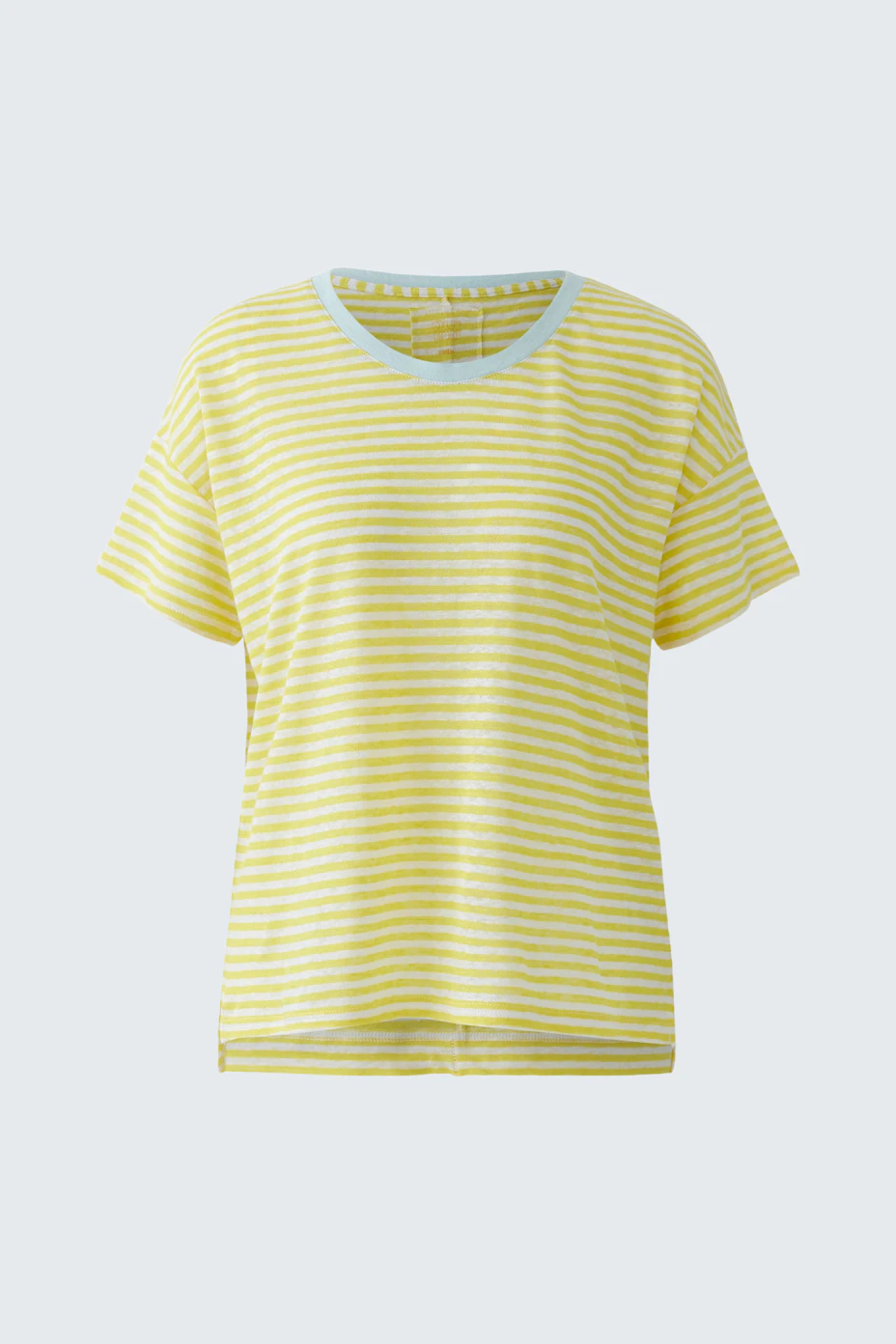 Casual women's T-shirt: Yellow and white striped T-shirt with short sleeves, displayed on a plain background.